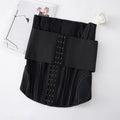 Nylon belly band waist trainer in black or apricot colours showing belt tie closure system