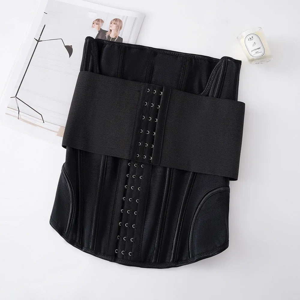 Nylon belly band waist trainer in black or apricot colours showing belt tie closure system
