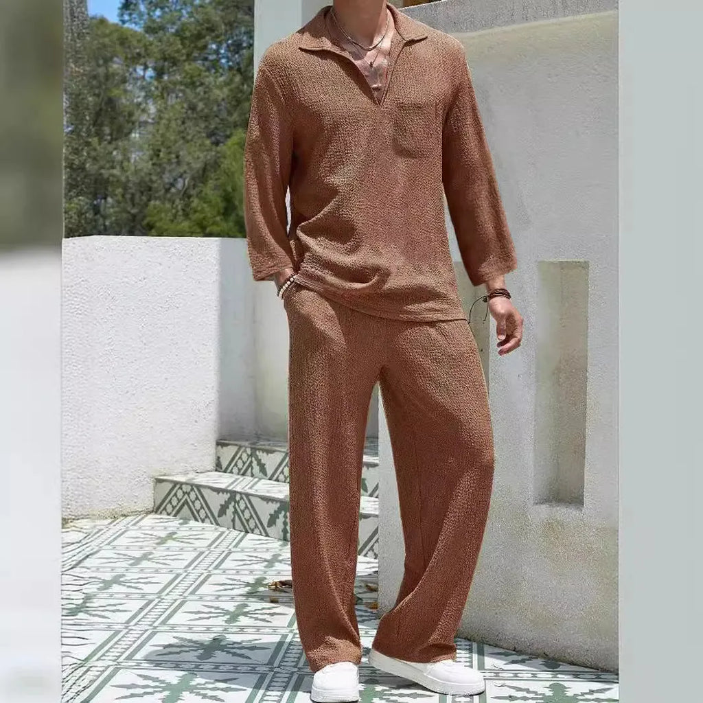 Men's casual polyester commuter suit with shirt-style jacket and trousers in four colour options