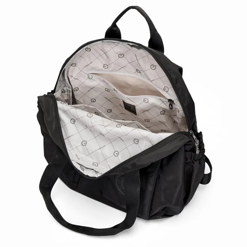 Large outdoor backpack with sandwich pocket organisation in black, khaki, or green