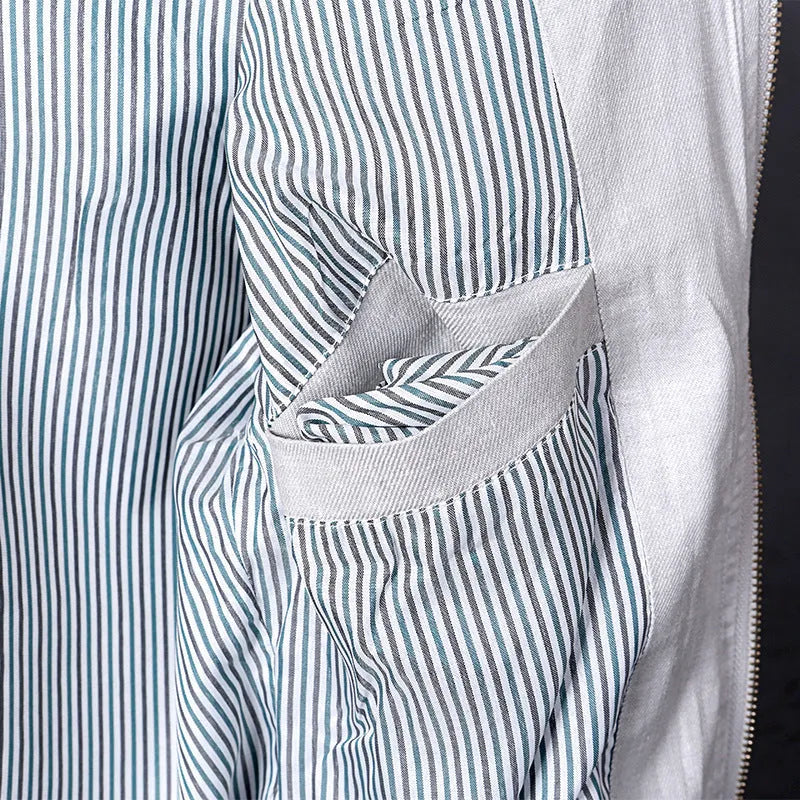 Men's lightweight cotton linen jacket in heather grey, shown on a hanger.