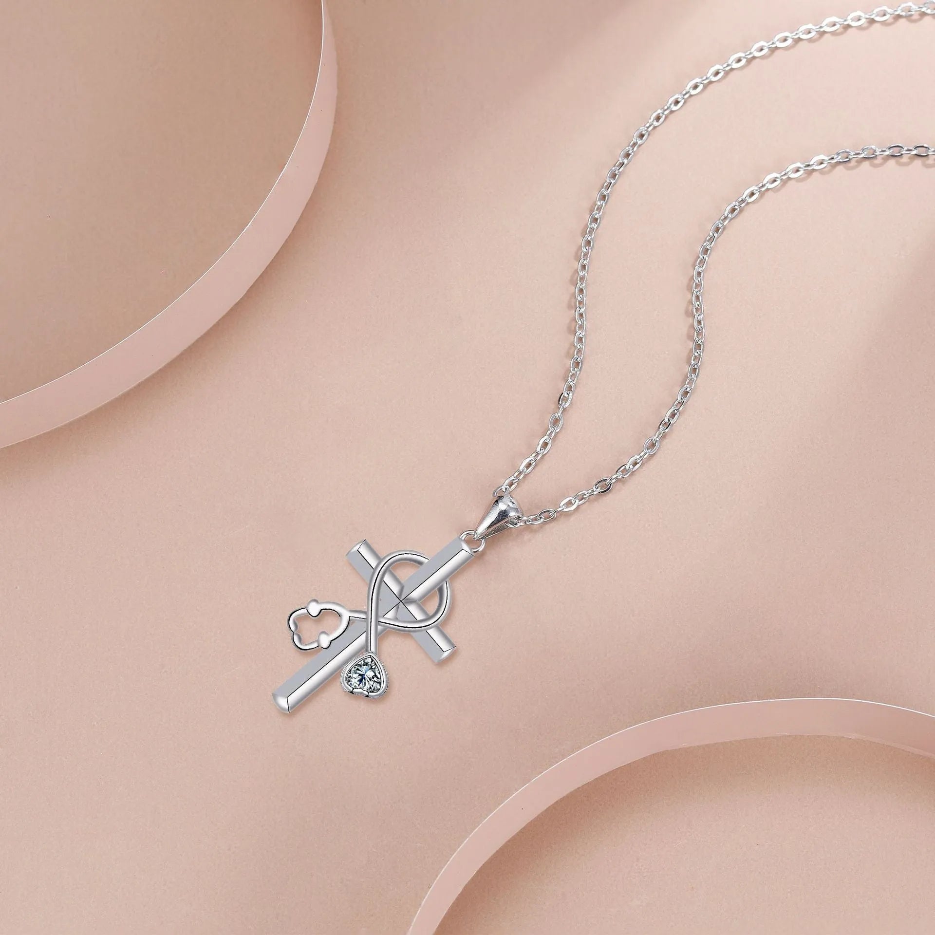 Cross stethoscope necklace with copper pendant on cross chain, electroplated finish