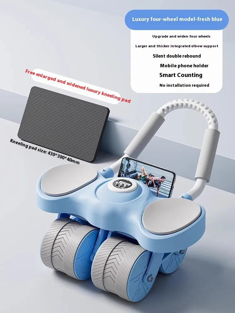 Automatic rebound abdominal wheel fitness equipment with elbow support pads in blue colour