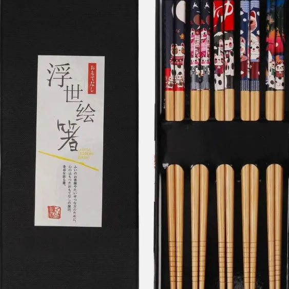 Five pairs of bamboo chopsticks with Japanese cartoon patterns in lucky cat or blue designs