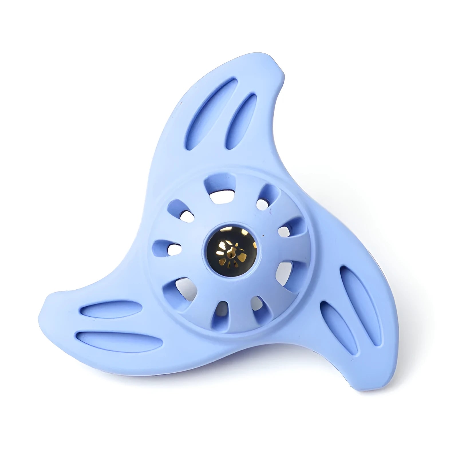 Blue durable rubber boomerang molar dog chew toy for large breed dogs on a white background
