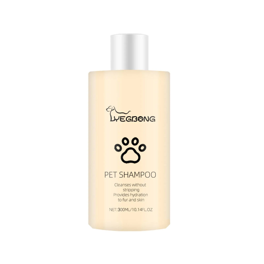 Bottle of mild pet shampoo for dogs, options for 100ml and 300ml sizes.