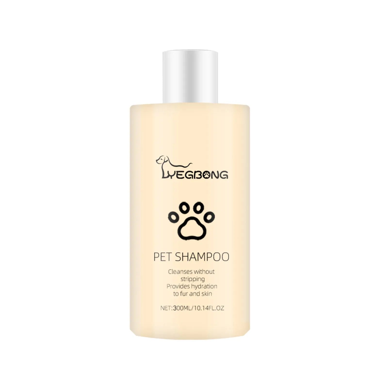 Bottle of mild pet shampoo for dogs, options for 100ml and 300ml sizes.