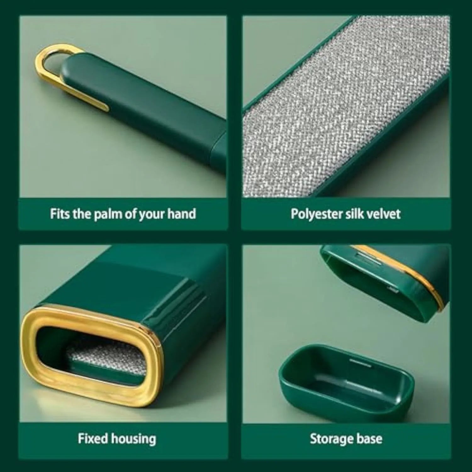 Blue reusable pet hair remover brush with storage base for collecting shed hair from fabrics.