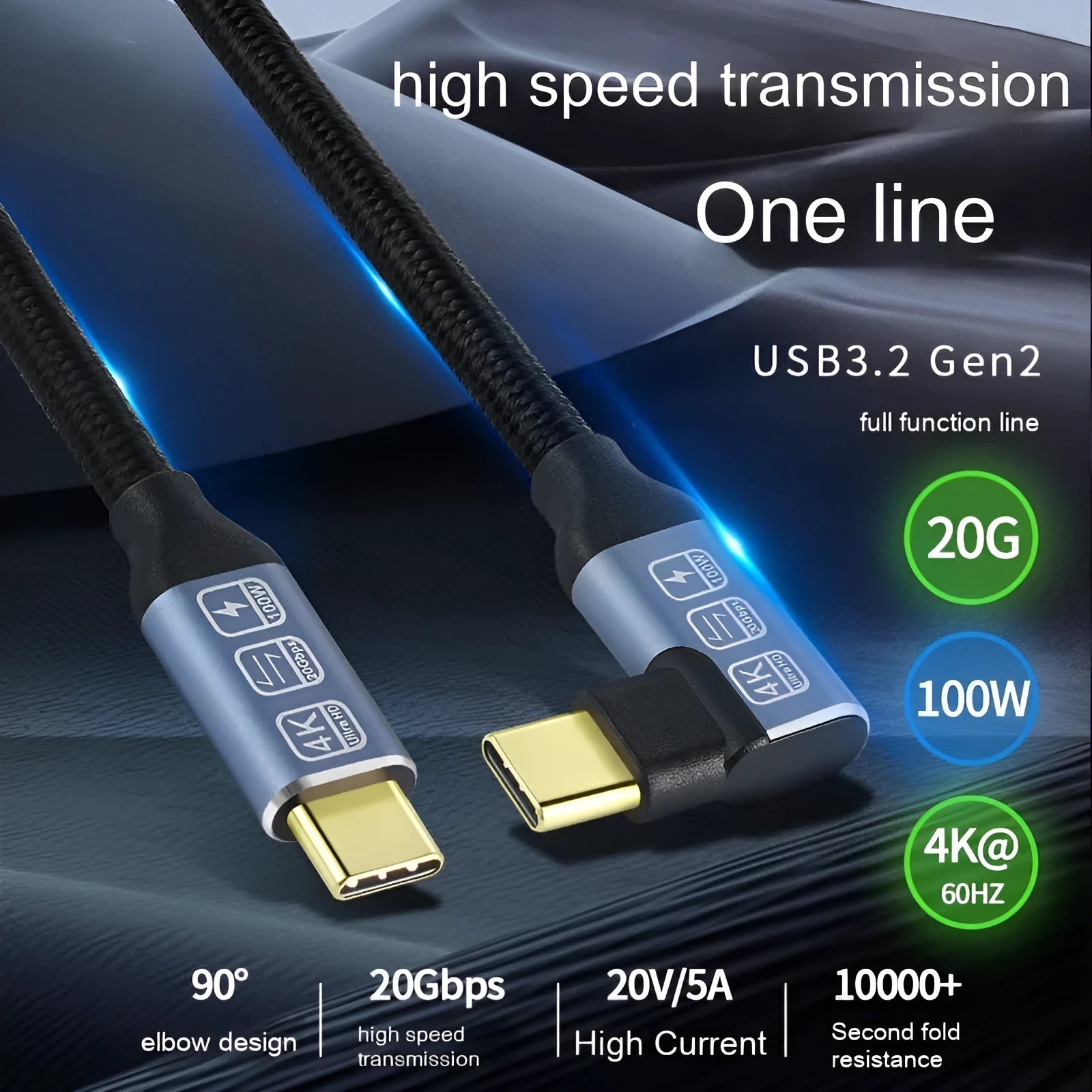 Black woven double Type-C data cable with fast charging support on a flat surface