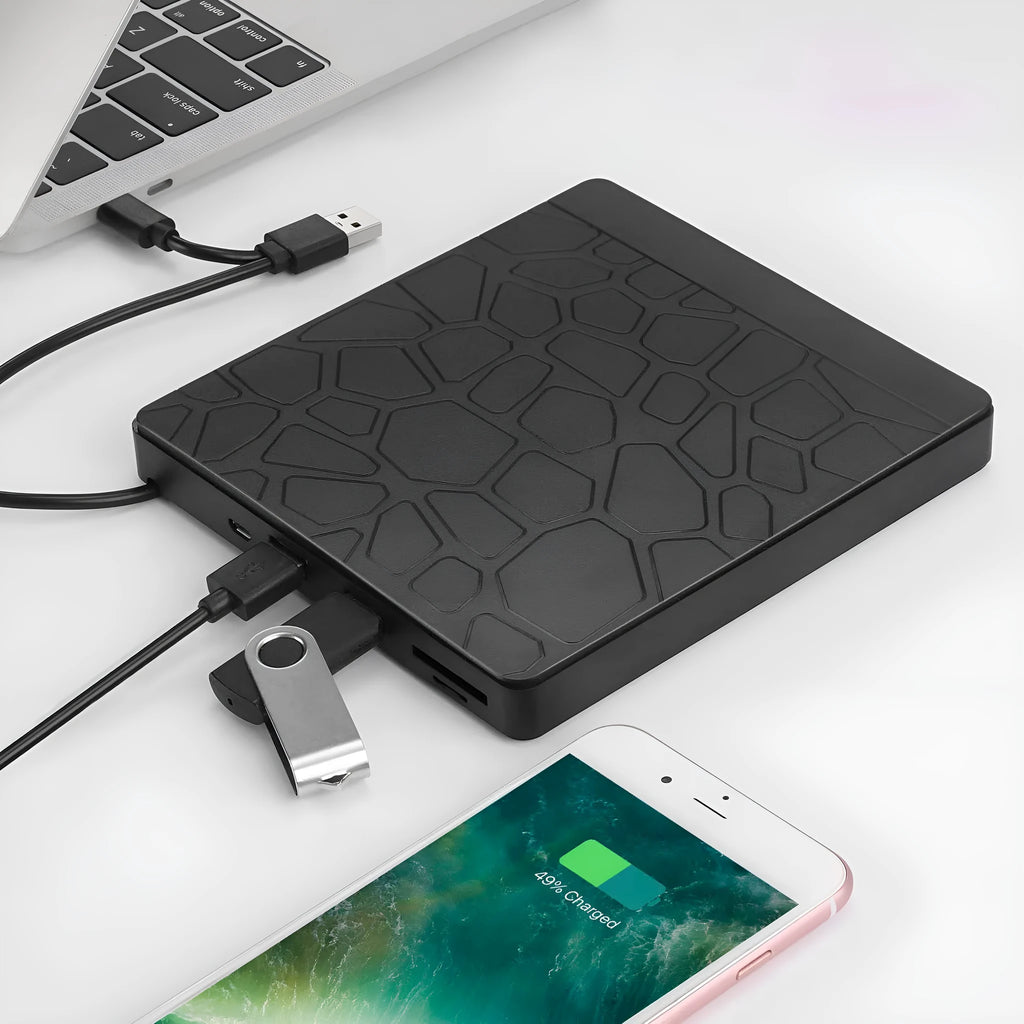 Black external optical drive for notebook computers with dual USB connectors