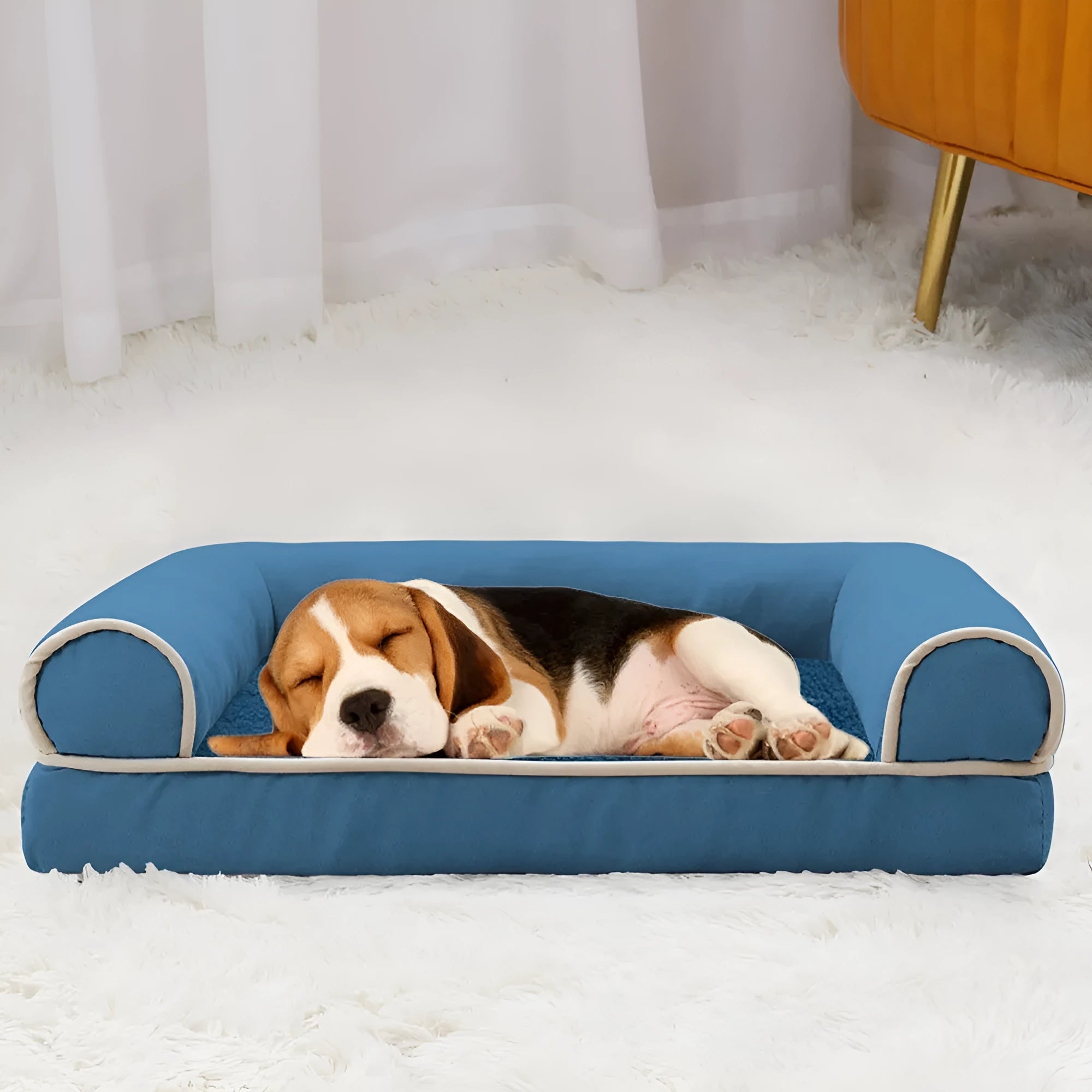 Square blue cloth dog bed with sponge foam cushion for medium-sized dogs on a wooden floor.