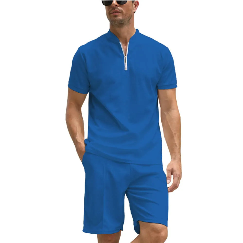 Men's solid colour polo shirt and matching shorts two-piece casual set