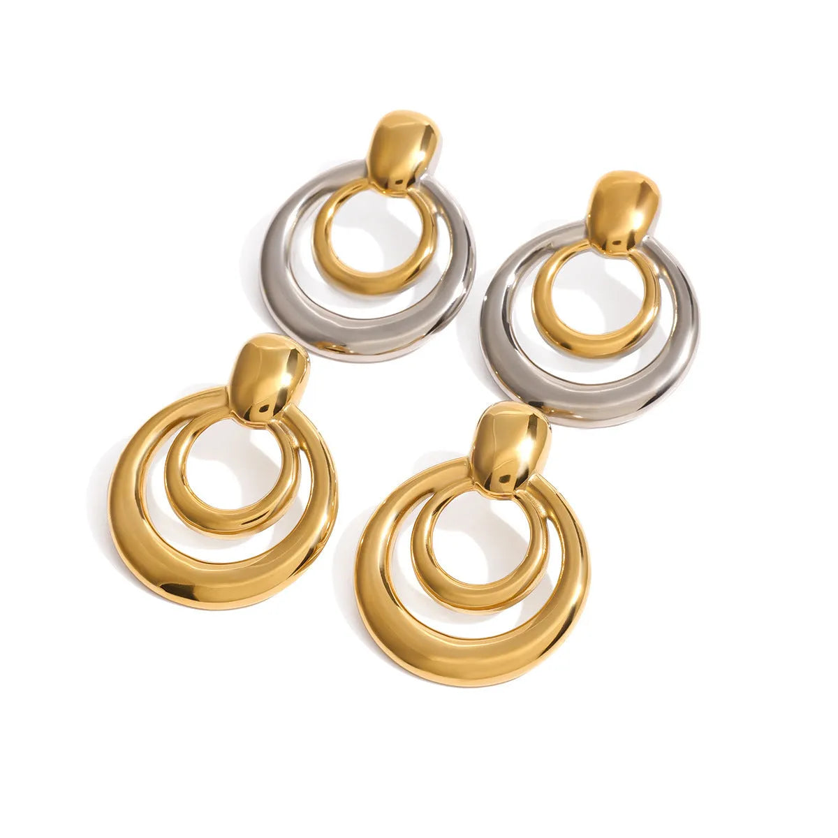 Gold round geometric stud earrings with double layer hollow construction and 18K gold electroplated finish