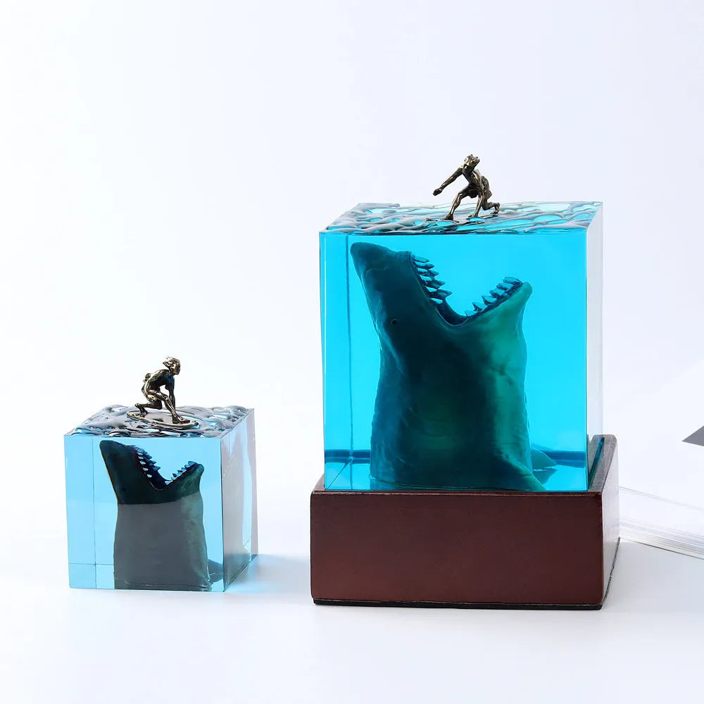 Shark surfing micro landscape night light in clear resin with lamp holder available in 5cm and 8cm sizes