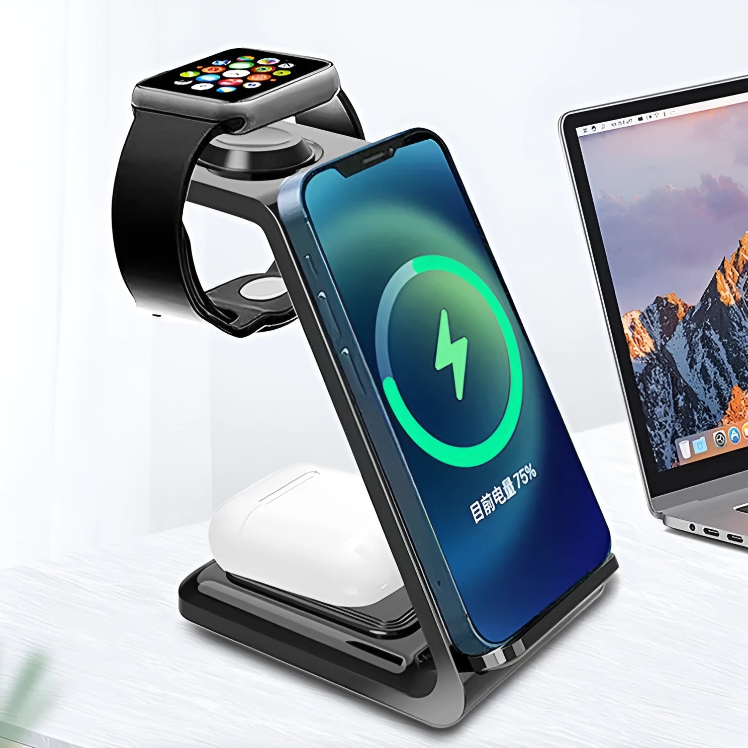 3-in-1 upright wireless phone charger with dual coil technology and QC3.0 fast charging