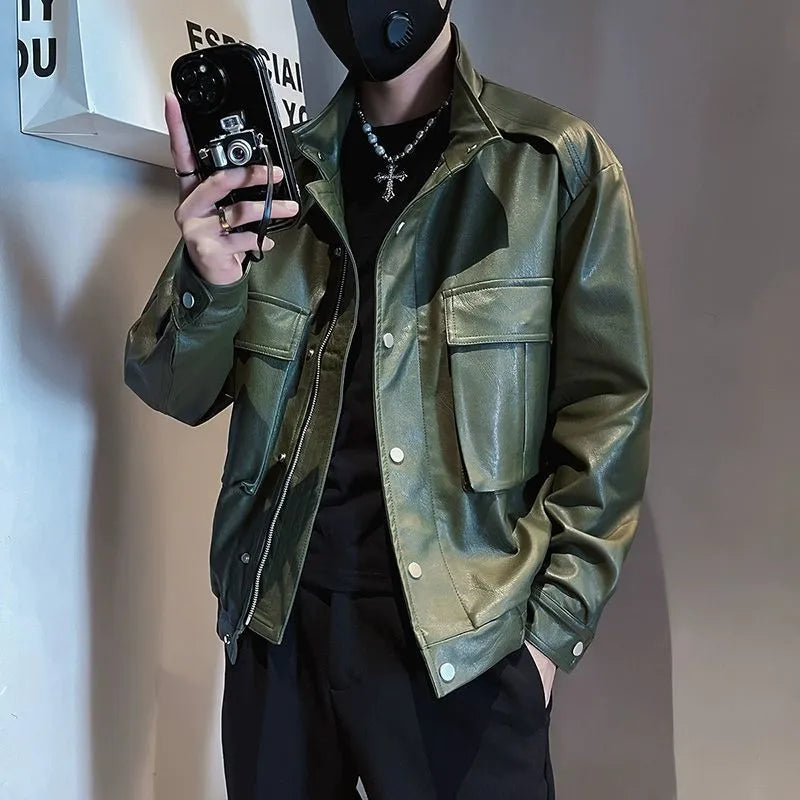 Men's black PU leather pilot jacket with side pockets and straight hem.