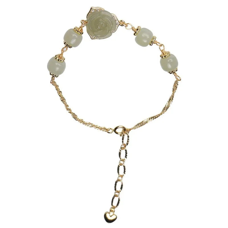 Women's Hetian jade rose bracelet with 14K gold gilded floral design and literature style