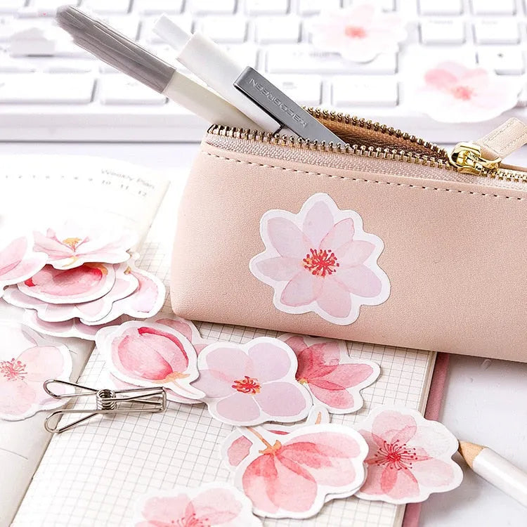Sakura Story pink self-adhesive sticker block 45 sheets 44mm each romantic watercolour design