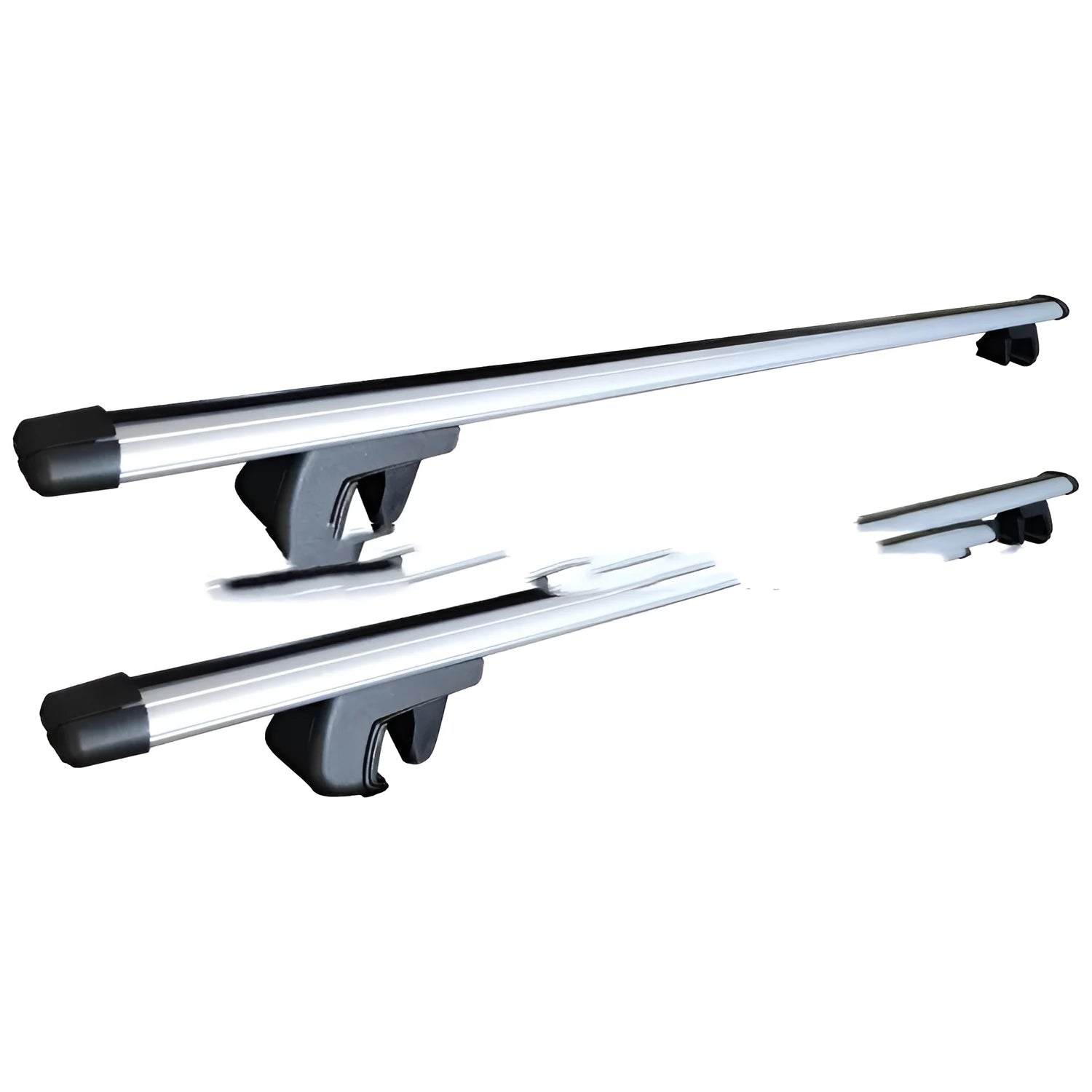 Alloy roof rack crossbars for a General Motors SUV, shown with adjustable length.