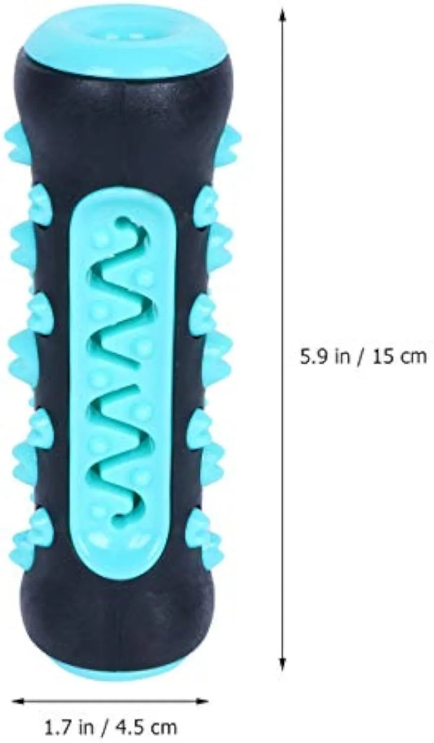 A blue natural rubber dog dental chew toy shaped as a textured stick, measuring 15cm long.
