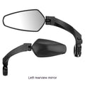 Black mountain bike rearview mirror with rotatable head mounted on bicycle handlebars showing 210mm acrylic surface