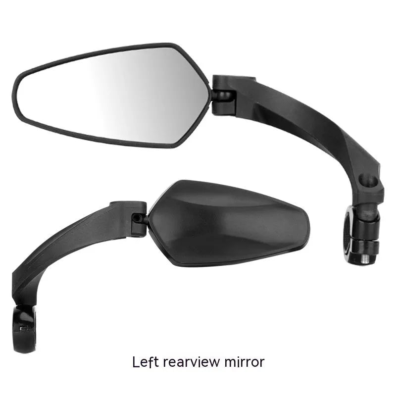 Black mountain bike rearview mirror with rotatable head mounted on bicycle handlebars showing 210mm acrylic surface