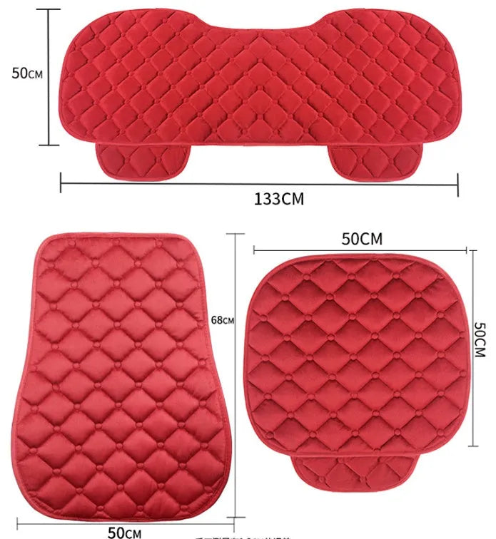 Plush cotton winter car seat cushion shown in burgundy, black, and grey colours.