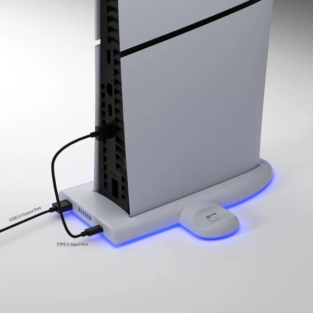 White PS5 Slim charging dock station with RGB lighting, cooling fan and fixed charger belt
