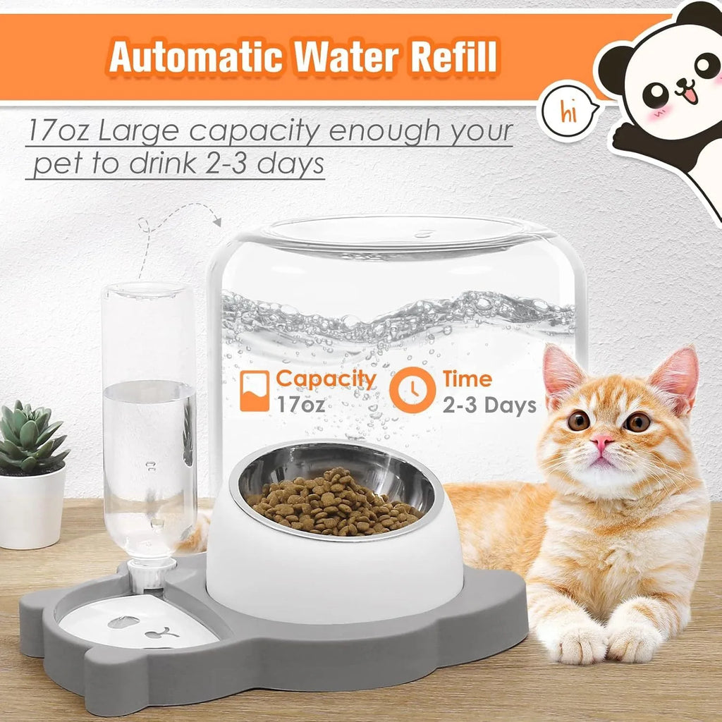Grey panda-shaped tilted pet bowl set with stainless steel dish and automatic water bottle
