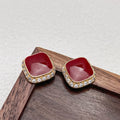 Red alloy plate earrings with inlaid square geometric design for women