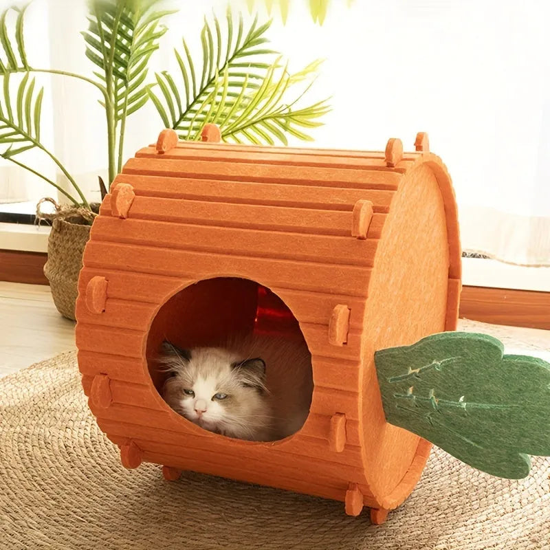 Carrot-shaped felt cat nest with tunnel entry in medium and large sizes