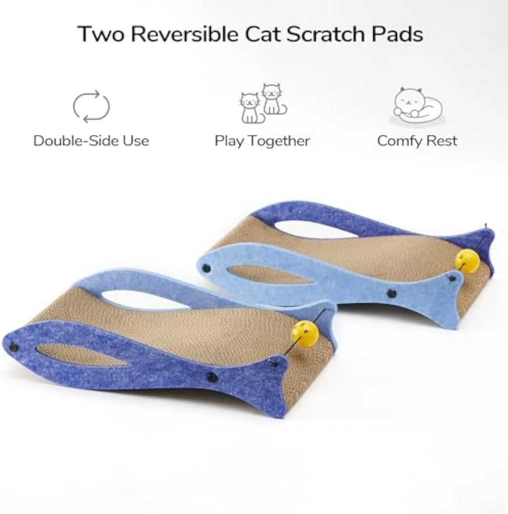 Blue fish-shaped cardboard cat scratcher lounge with bell toys on elastic cord