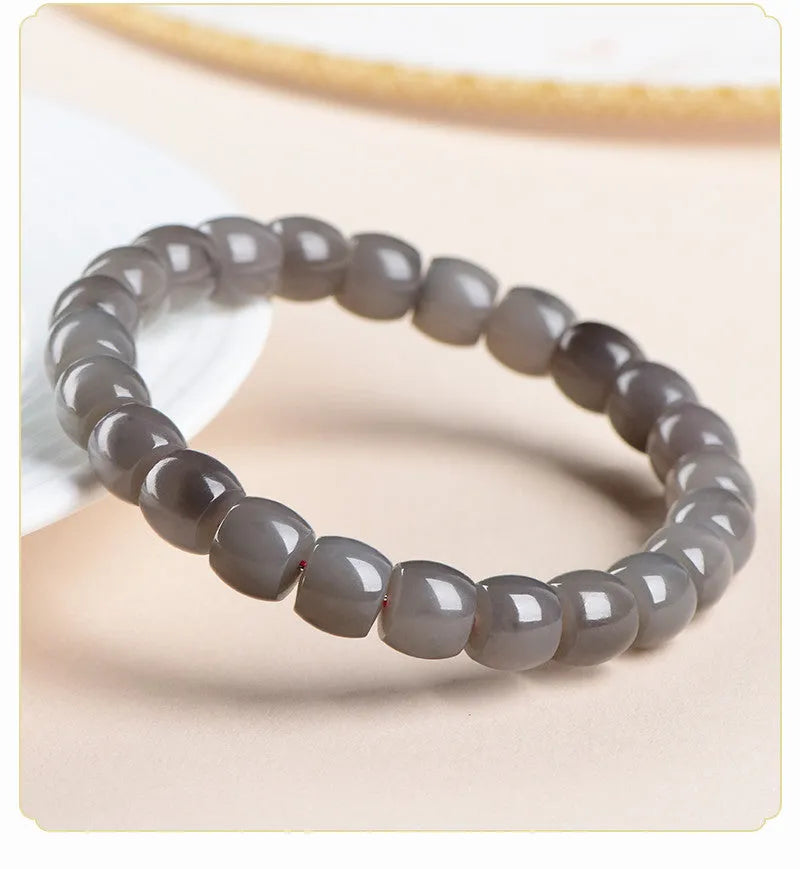 Natural smokey violet Hetian jade beaded bracelet with straight-cut 8x9mm polished beads.
