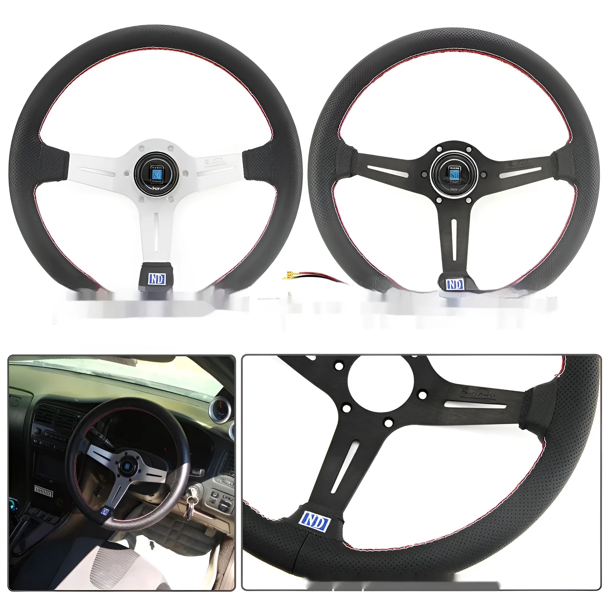 14-inch leather steering wheel with concave profile and silver skeleton