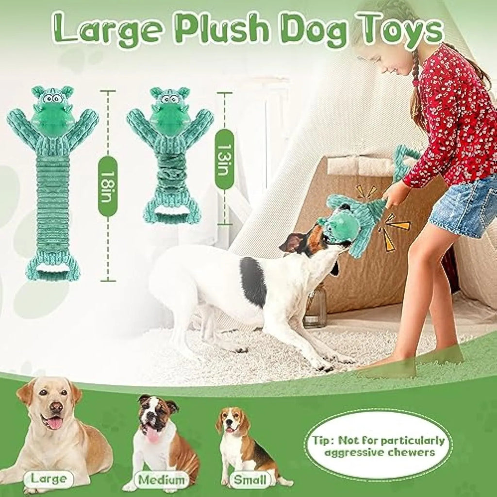 Large plush dog toy with handle, available as hippo or monkey character