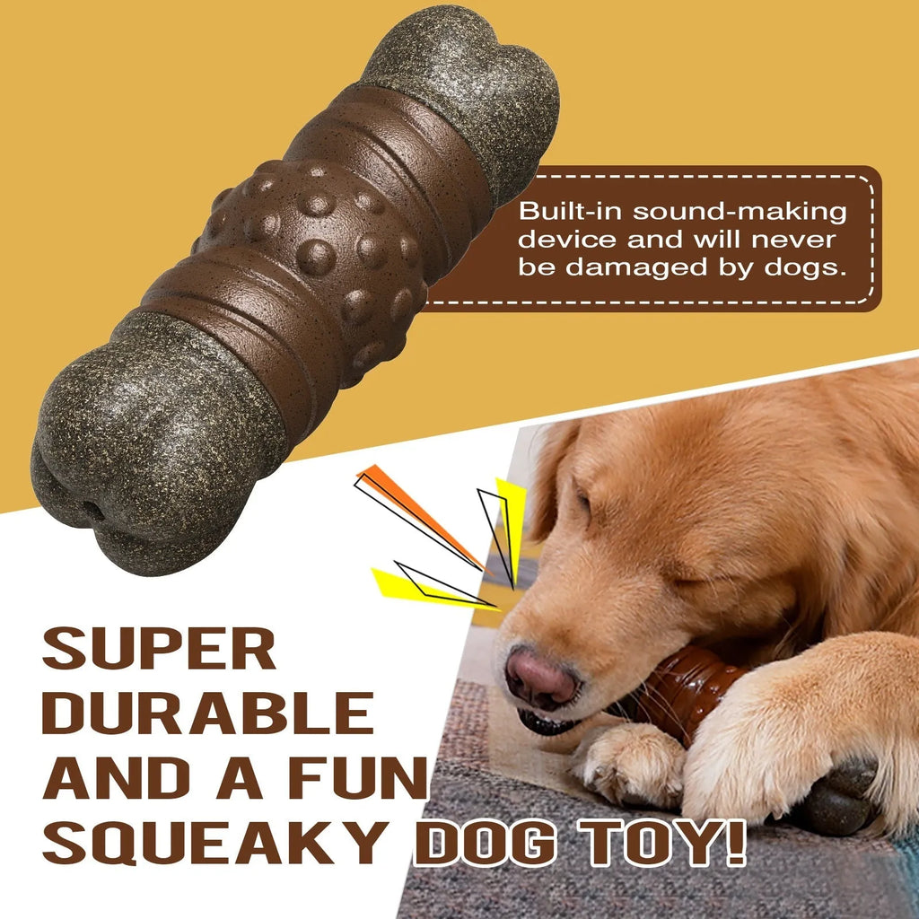 Wood colour plastic dog dental chew toy with textured molar rod design