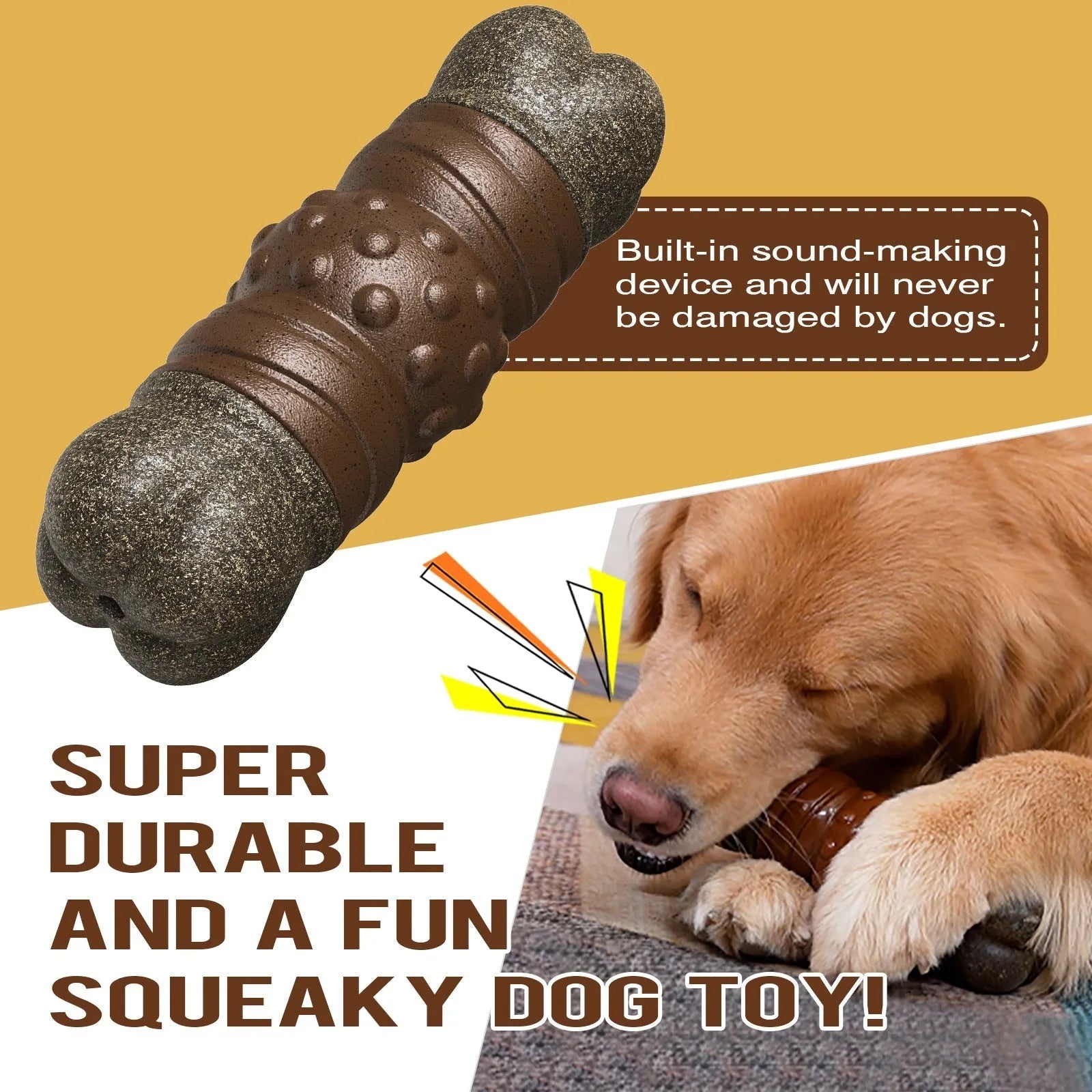 Wood colour plastic dog dental chew toy with textured molar rod design
