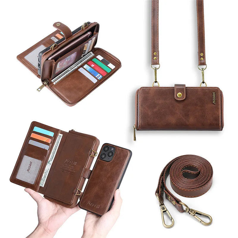 Black leather flip phone case with a magnetic wallet open, showing card slots, next to a smartphone.