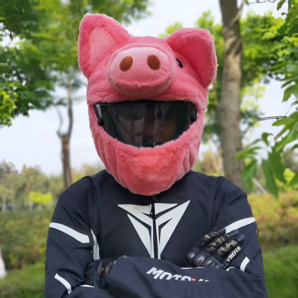 Pinkpig cartoon plush protective hood for motorcycle helmets made from soft pv velvet cloth.