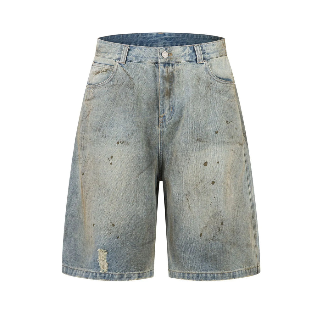 Men's washed blue cropped denim jeans with a straight leg and zipper fly, laid flat.
