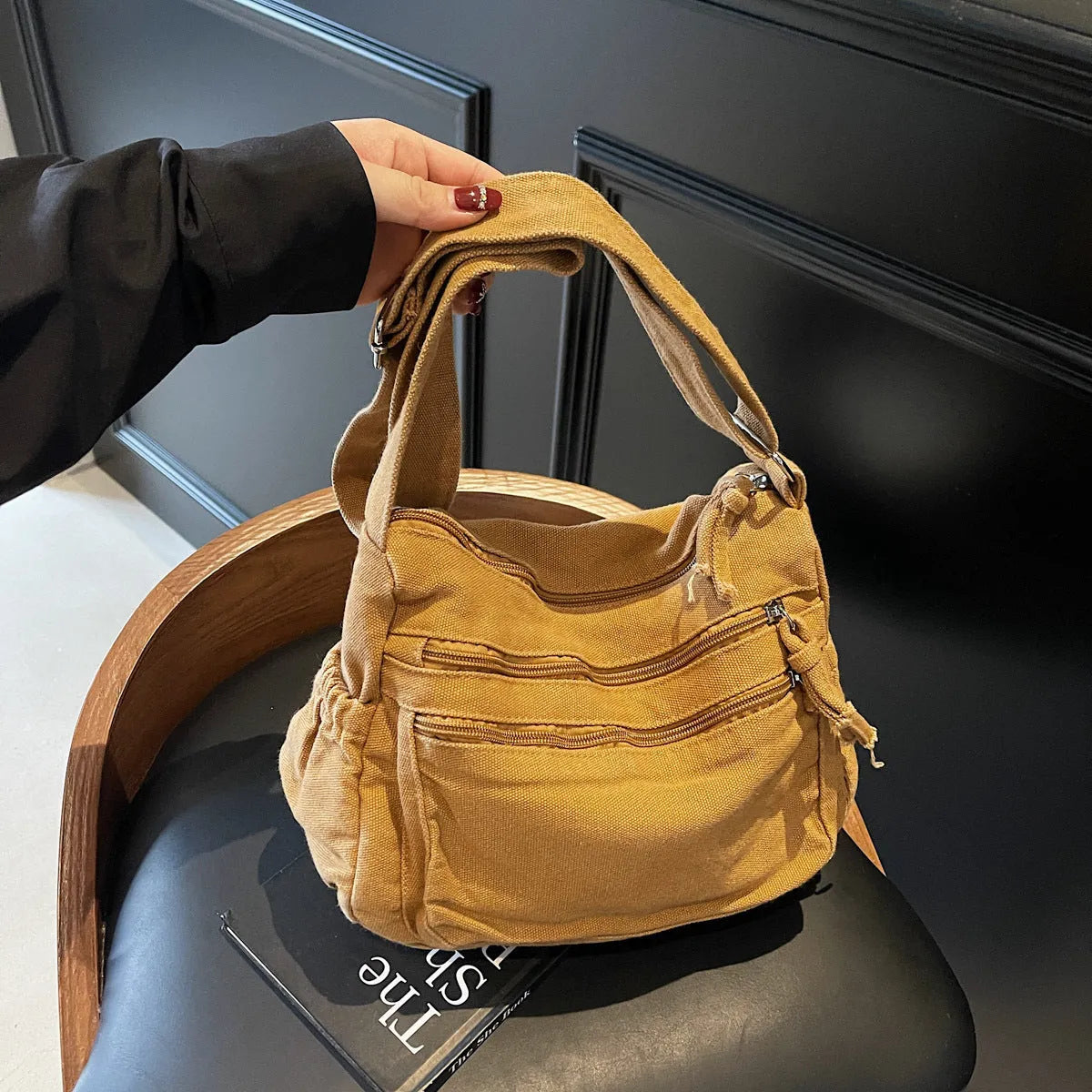 Women's canvas tote bag large capacity horizontal square shape beige with outer pocket