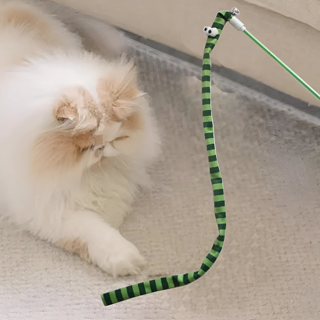Cat wand toy with colourful plush strip and bell on a polycarbonate pole for interactive play