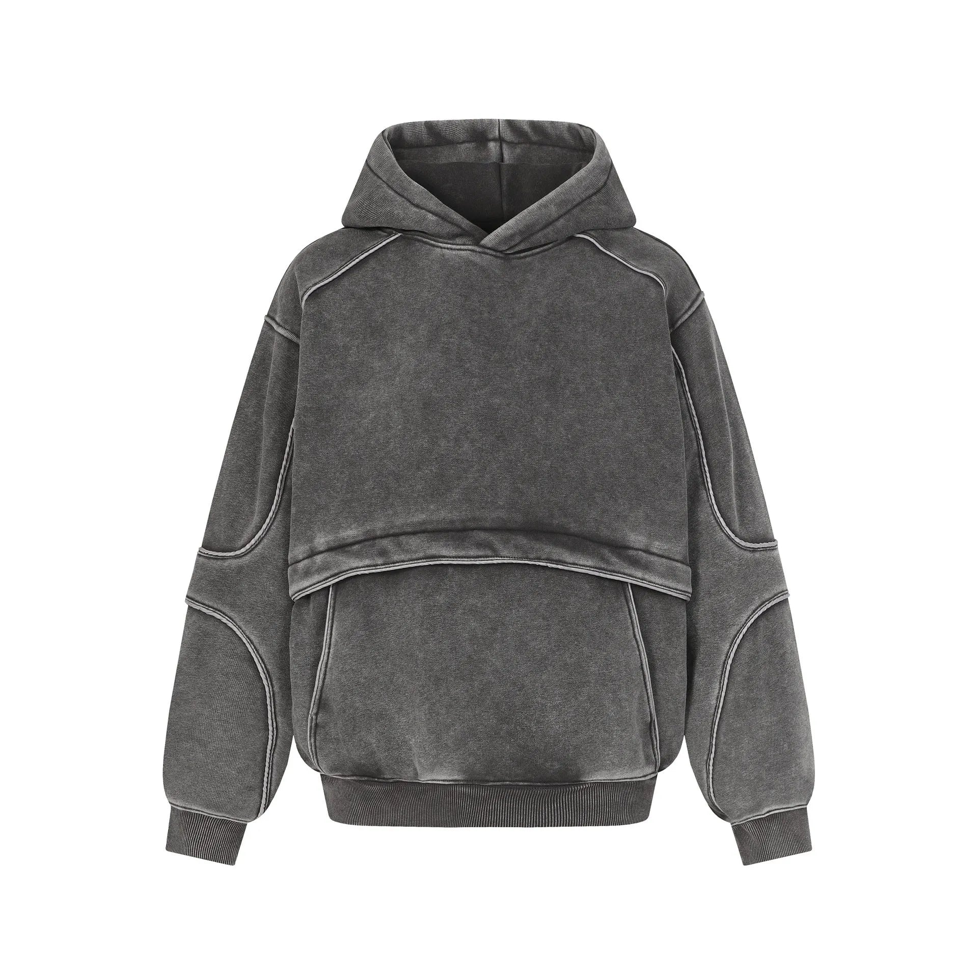 Men's and women's cotton fleece-lined loose fit pullover sweatshirt in dark grey, front view