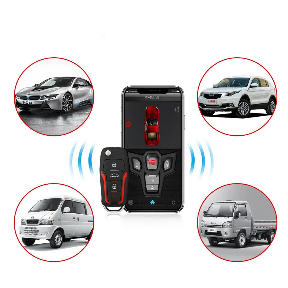 Red and frosted black one-way remote control car alarm system with two remotes for 3000m range and GPS tracking.