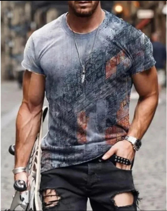 Abstract painting print short-sleeved t-shirt round neck cotton blend in hedging style for men and women