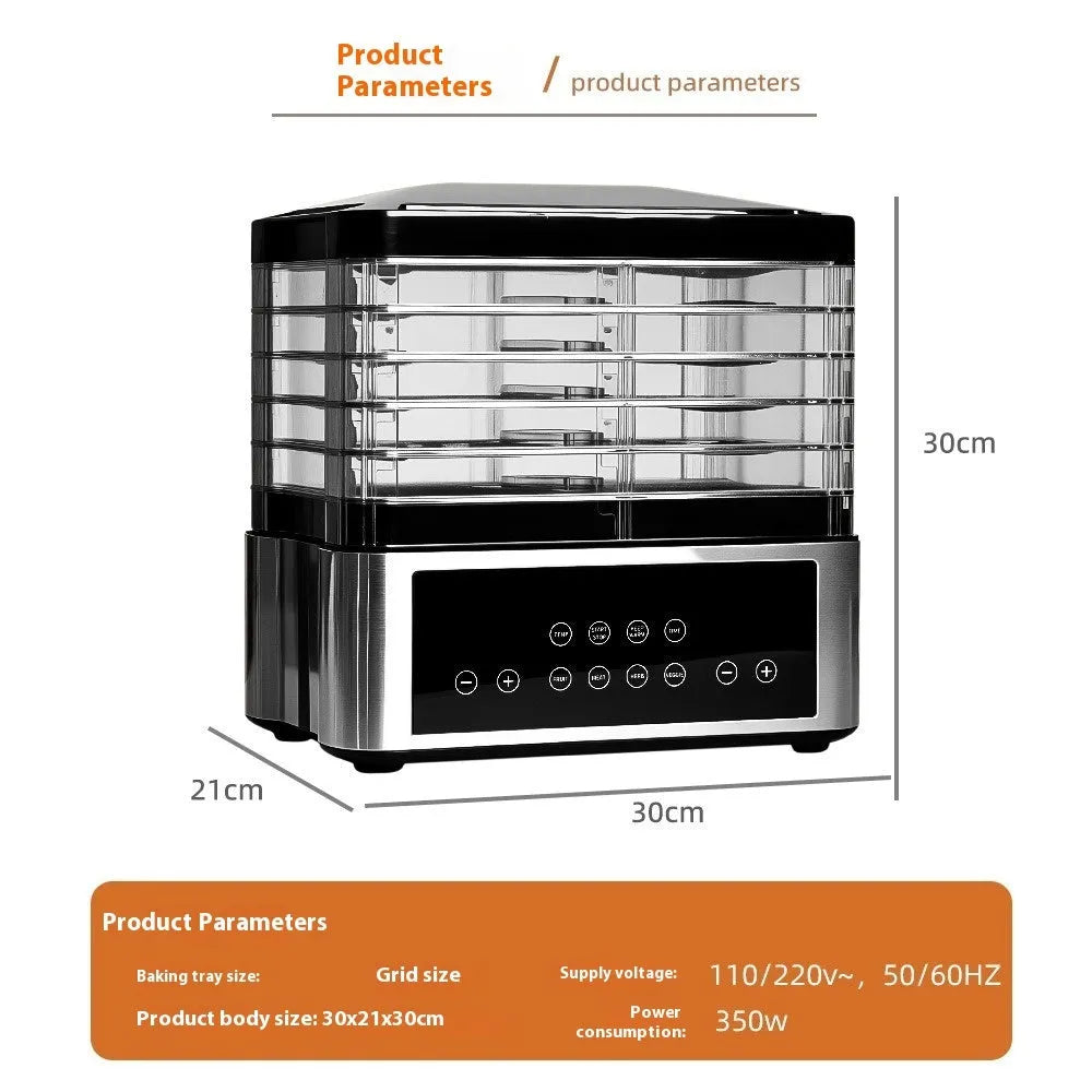 Silver stainless steel fruit dehydrator with six drying trays showing temperature control dial