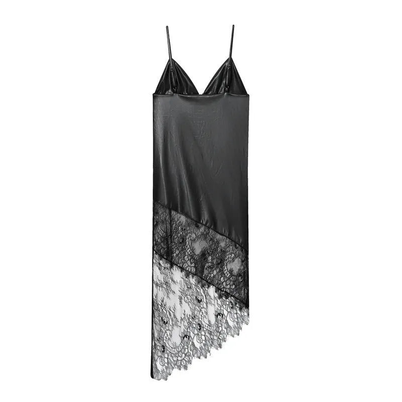 Women's black striped checkered lace leather suspender dress with asymmetrical short skirt and hooded top