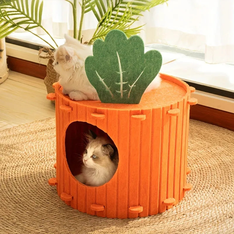 Carrot-shaped felt cat nest with tunnel entry in medium and large sizes