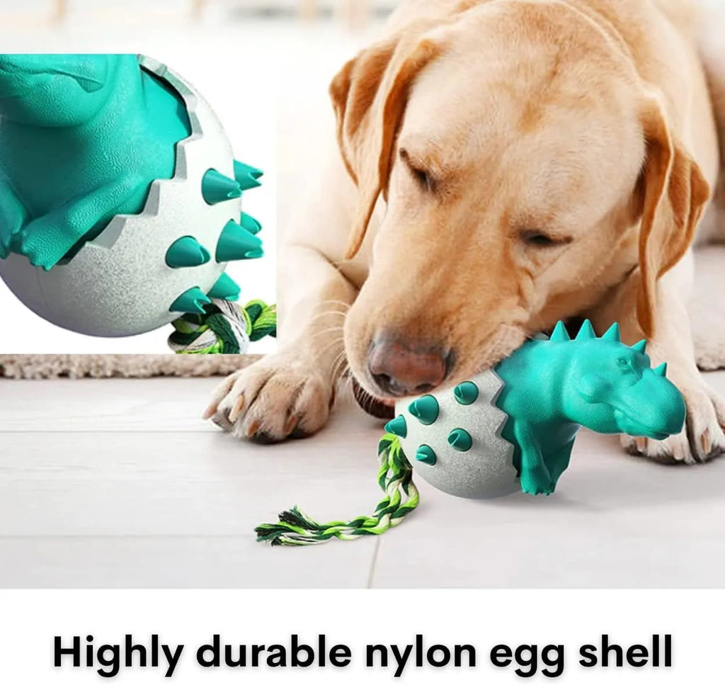 Durable dinosaur design dog chew toy with rope in blue, green, orange, or yellow colours