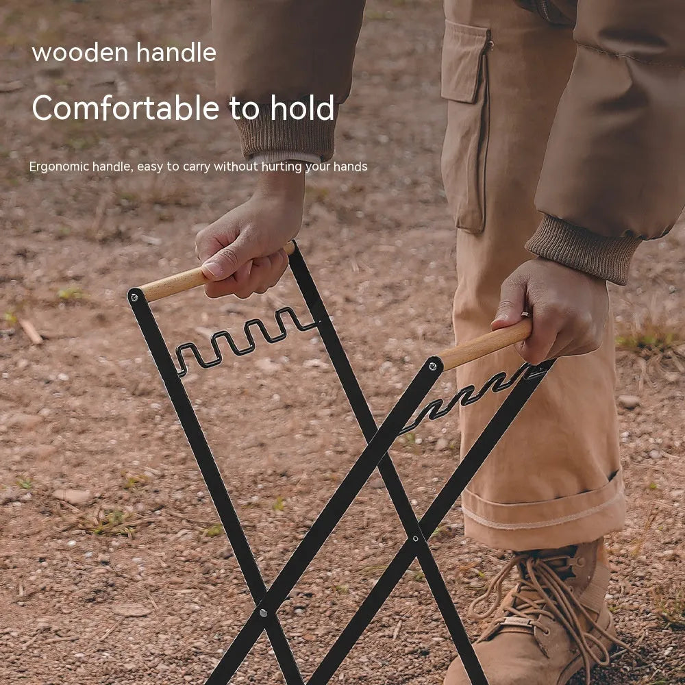 Iron and wooden folding trash storage rack for outdoor rubbish bags.